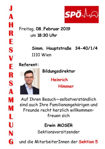 Jahresversammlung, am 8. Februar um 18:30Uhr mit Referent Heinrich Zimmer im Sektionslokal